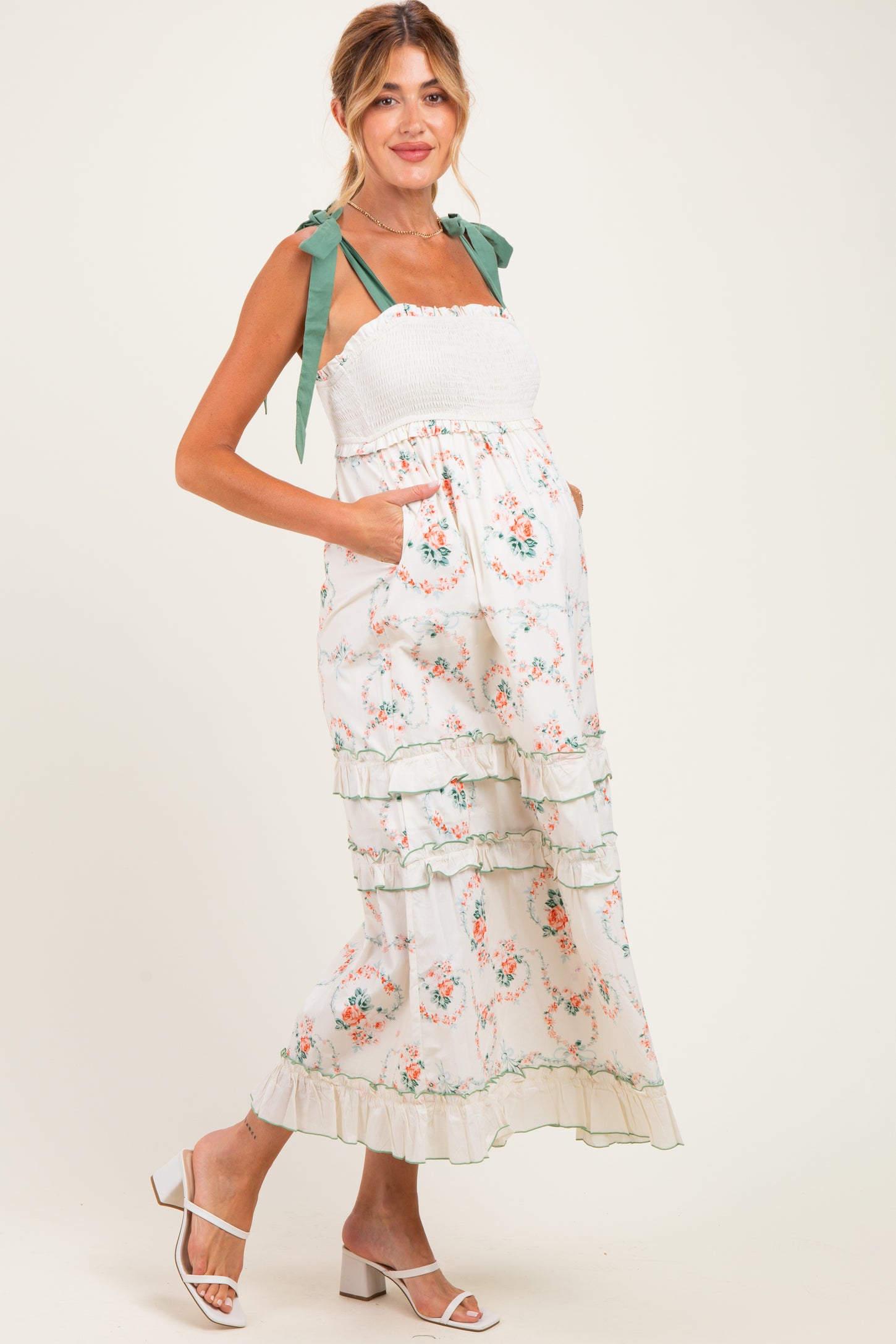 Ivory Floral Smocked Shoulder Tie Tiered Maternity Maxi Dress