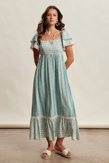 Sage Floral Border Print Flutter Sleeve Maxi Dress