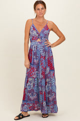 Navy Red V-Neck Twist Front Cut Out Maxi Dress