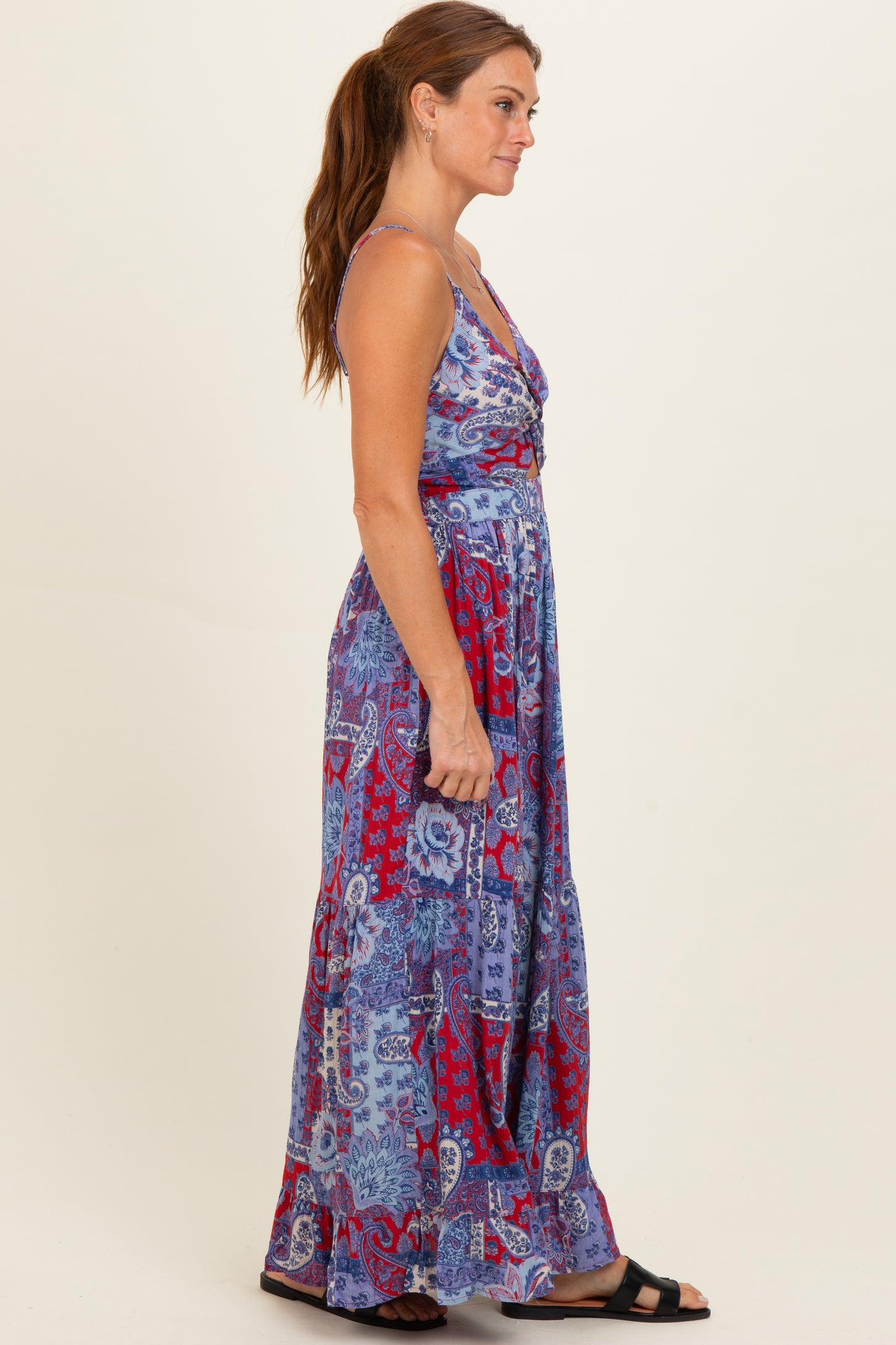 Navy Red V-Neck Twist Front Cut Out Maxi Dress