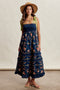 Navy Floral Smocked Shoulder Tie Tiered Maxi Dress