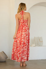 Coral Printed Halter Neck Keyhole Maxi Dress
