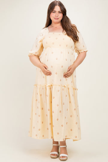 Beige Floral Embroidered Smocked Maternity Maxi Dress