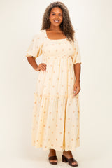 Beige Floral Embroidered Smocked Maxi Dress