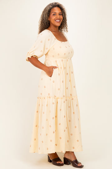 Beige Floral Embroidered Smocked Maxi Dress