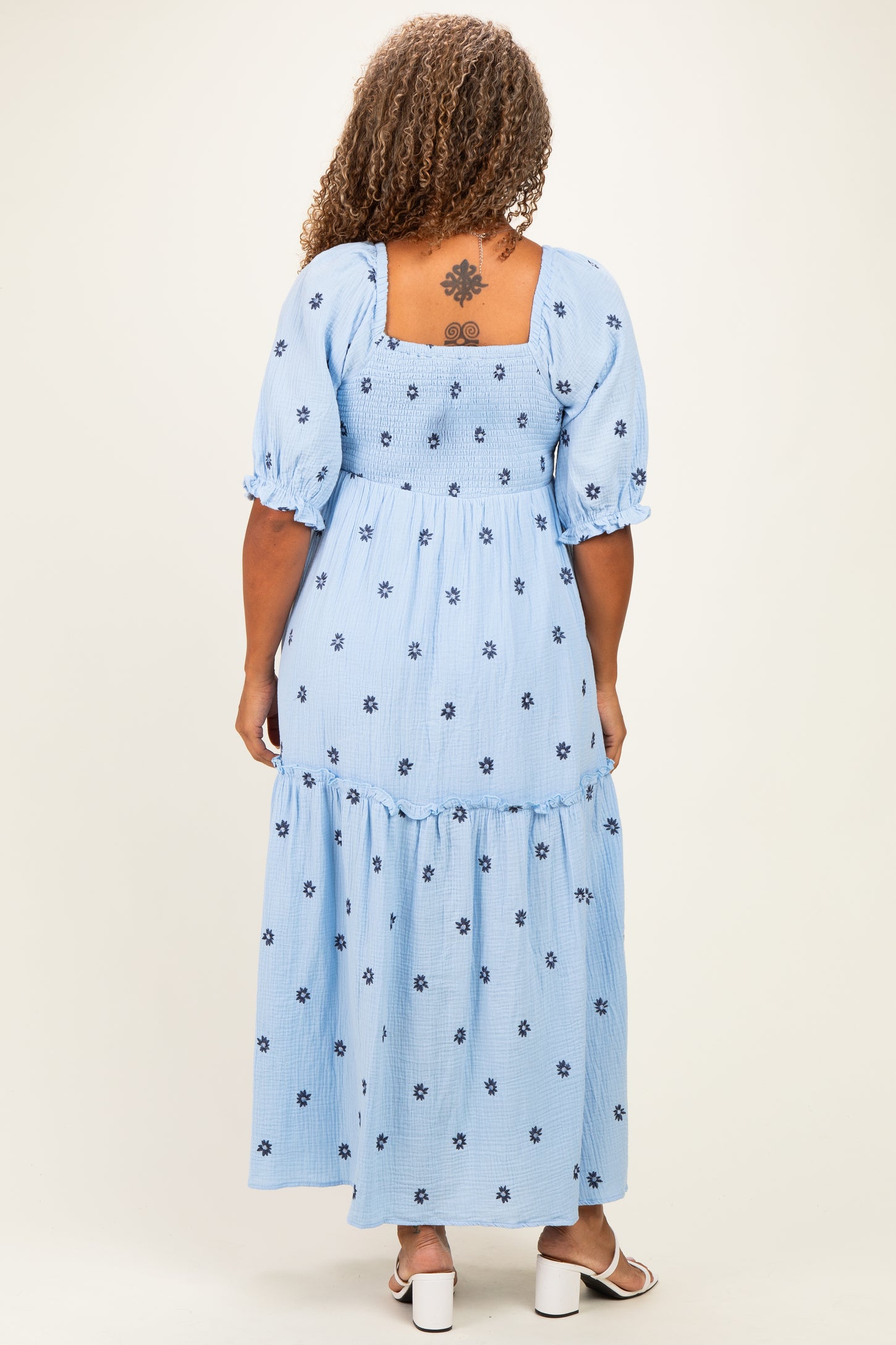 Light Blue Floral Smocked Puff Sleeve Plus Maxi Dress