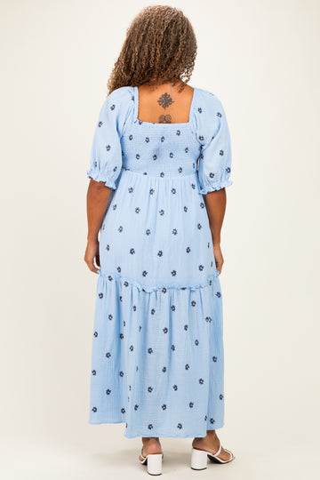 Light Blue Floral Smocked Puff Sleeve Plus Maxi Dress