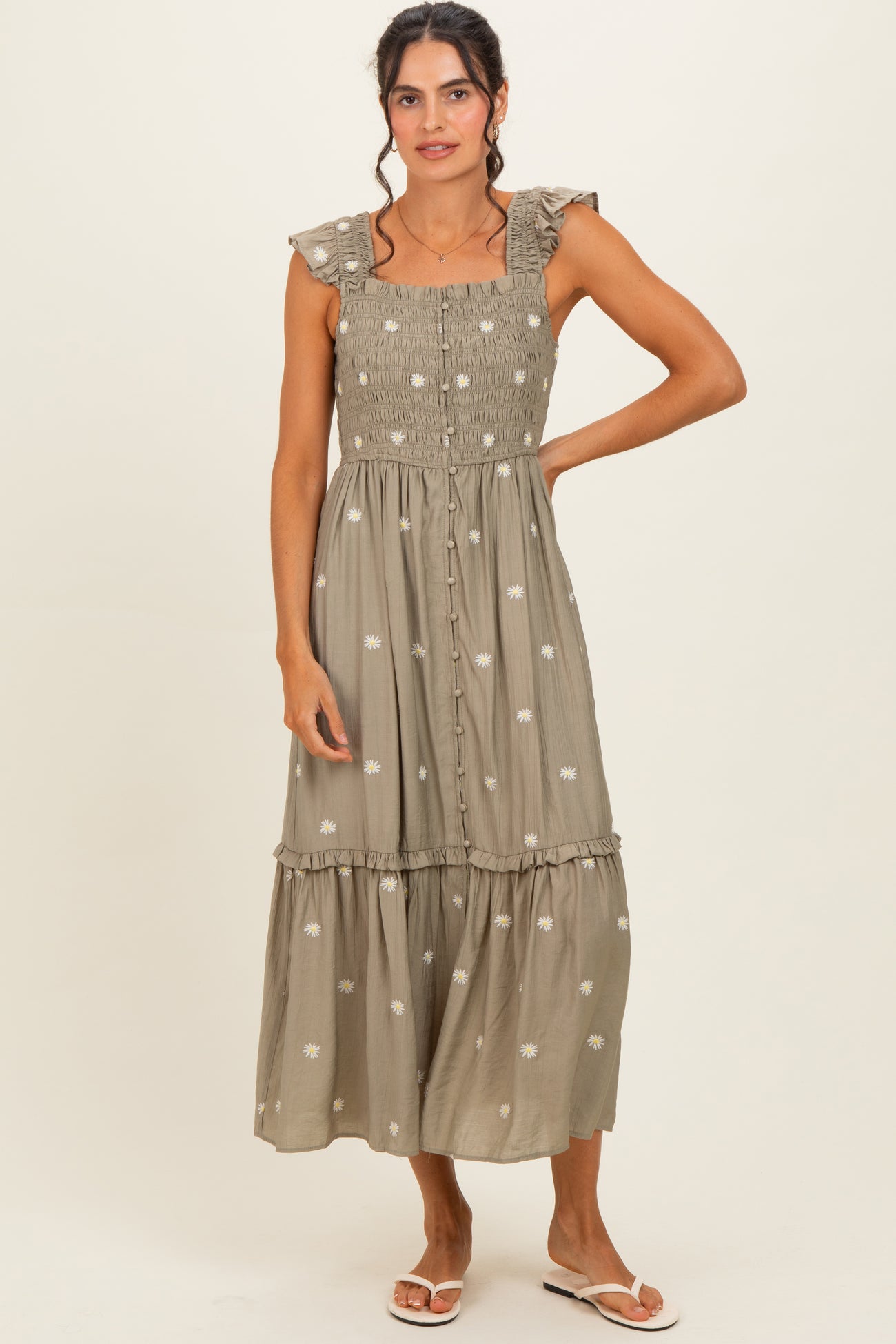 Olive Embroidered Ruffle Strap Smocked Maxi Dress