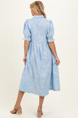 Light Blue Embroidered Maternity Midi Shirt Dress