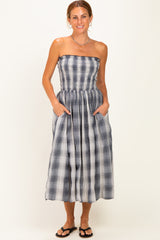 Black Plaid Smocked Strapless Midi Dress