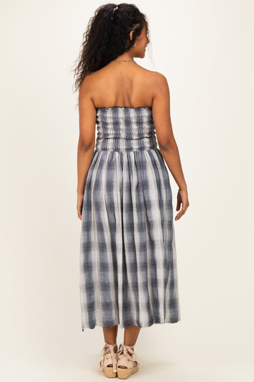 Black Plaid Smocked Strapless Maternity Midi Dress
