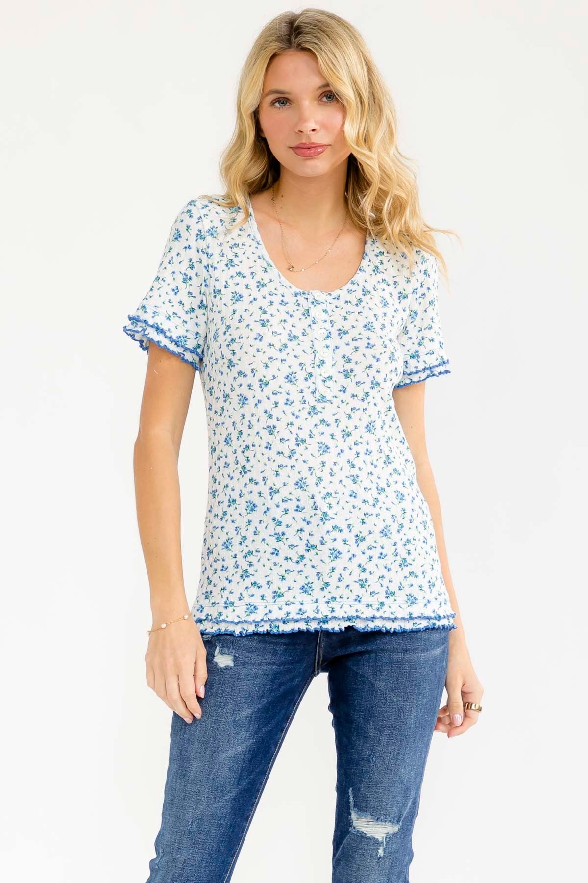 Blue Floral Ruffle Trim Henley Short Sleeve Maternity Top