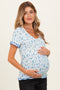 Blue Floral Ruffle Trim Henley Short Sleeve Maternity Top