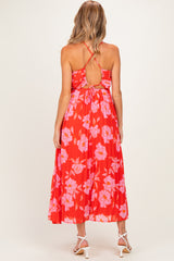 Red Floral Pleated Cutout Back Maternity Midi Dress