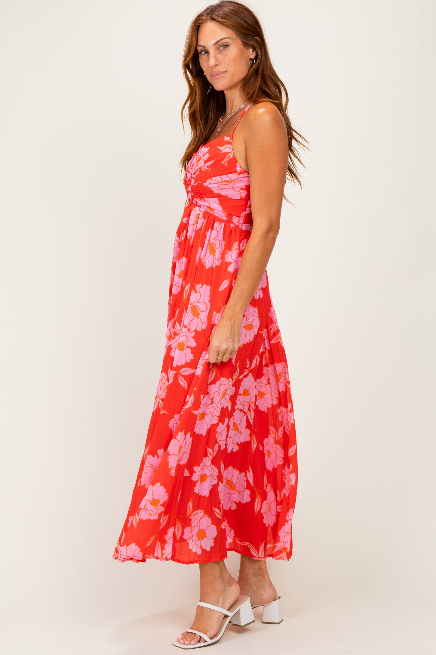 Red Floral Pleated Cutout Back Midi Dress