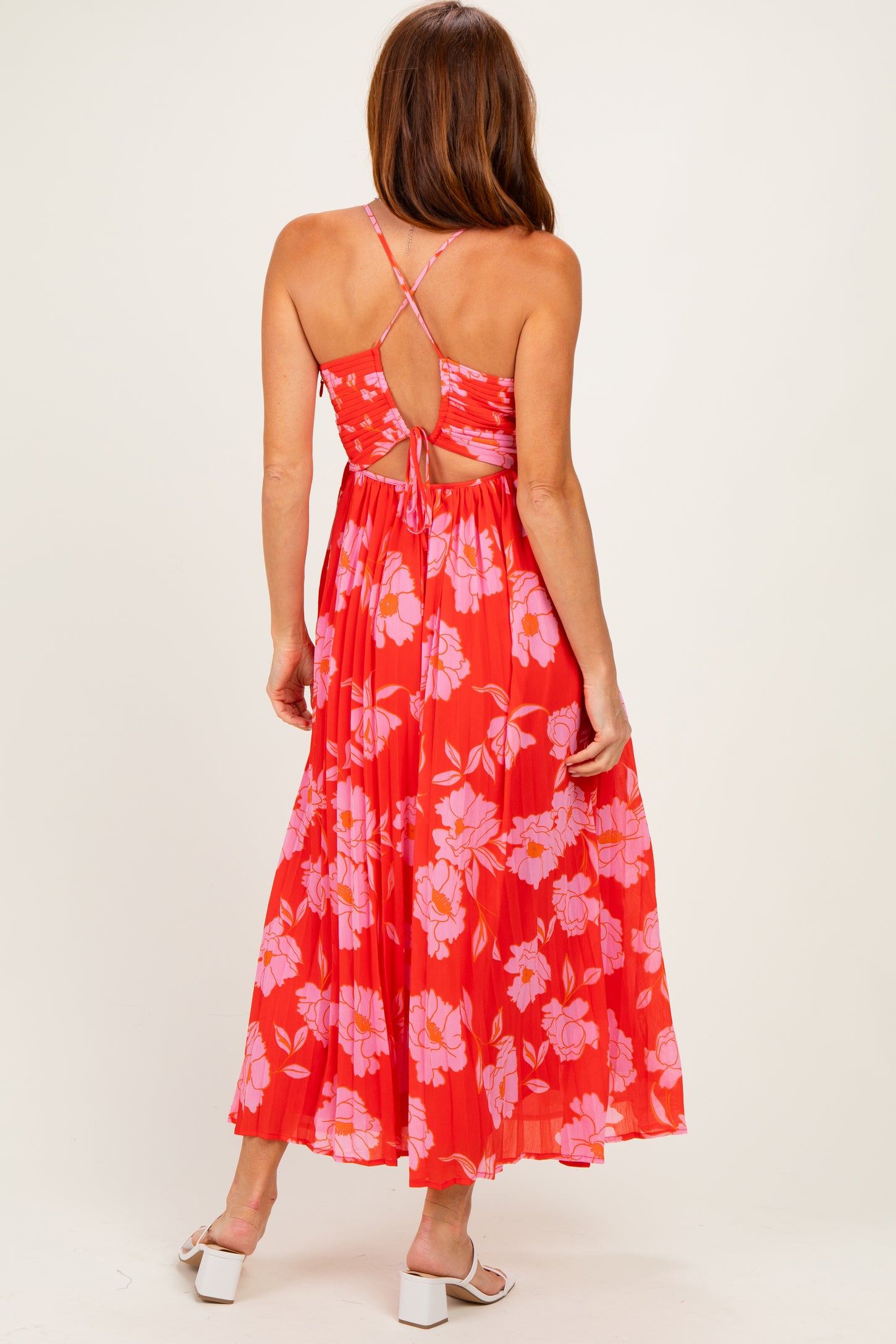 Red Floral Pleated Cutout Back Midi Dress