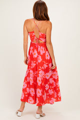 Red Floral Pleated Cutout Back Midi Dress