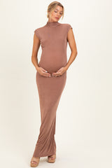 Brown Open Back Scarf Neck Maternity Maxi Dress