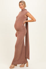 Brown Open Back Scarf Neck Maternity Maxi Dress