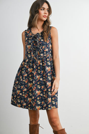 Dark Denim Floral Tie Front Mini Dress