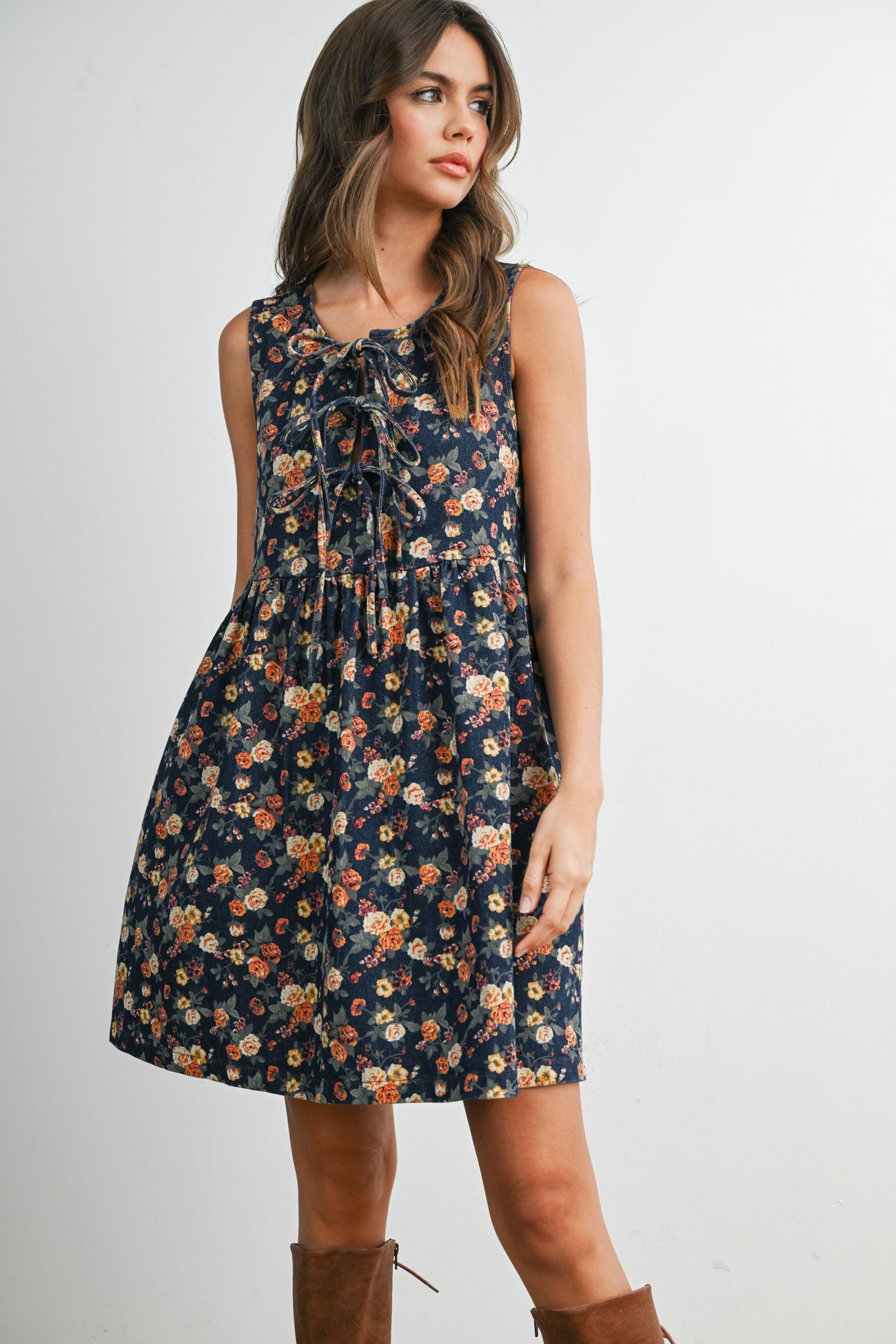 Dark Denim Floral Tie Front Mini Dress