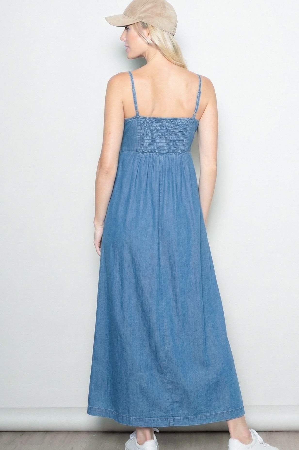 Light Navy Chambray Beaded Front Tie Maxi Dress
