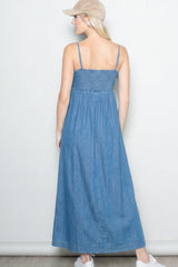 Light Navy Chambray Beaded Front Tie Maxi Dress