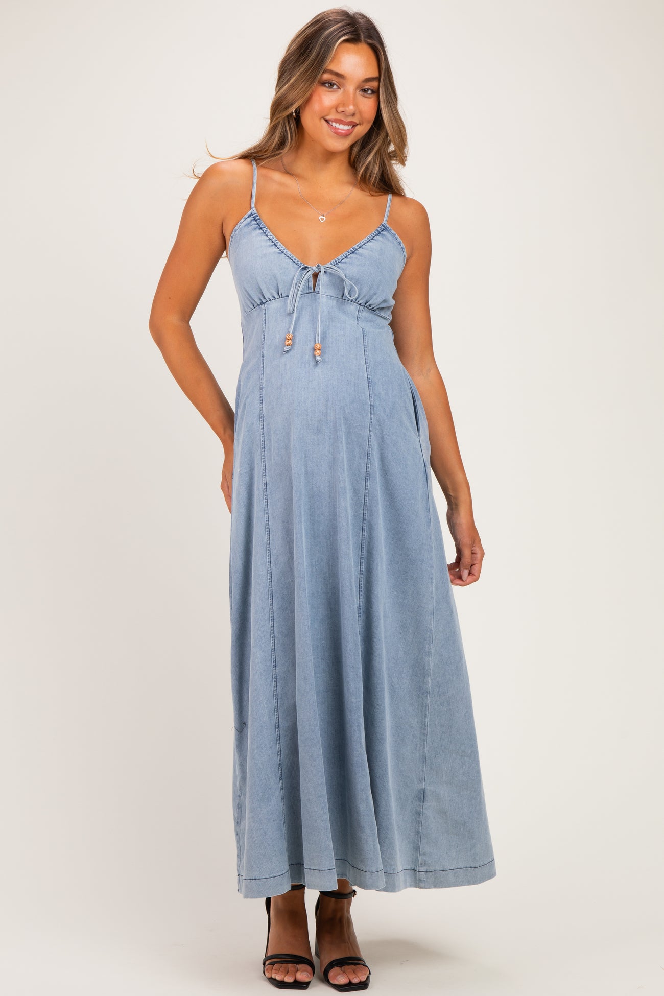 Light Blue Chambray Beaded Front Tie Maternity Maxi Dress