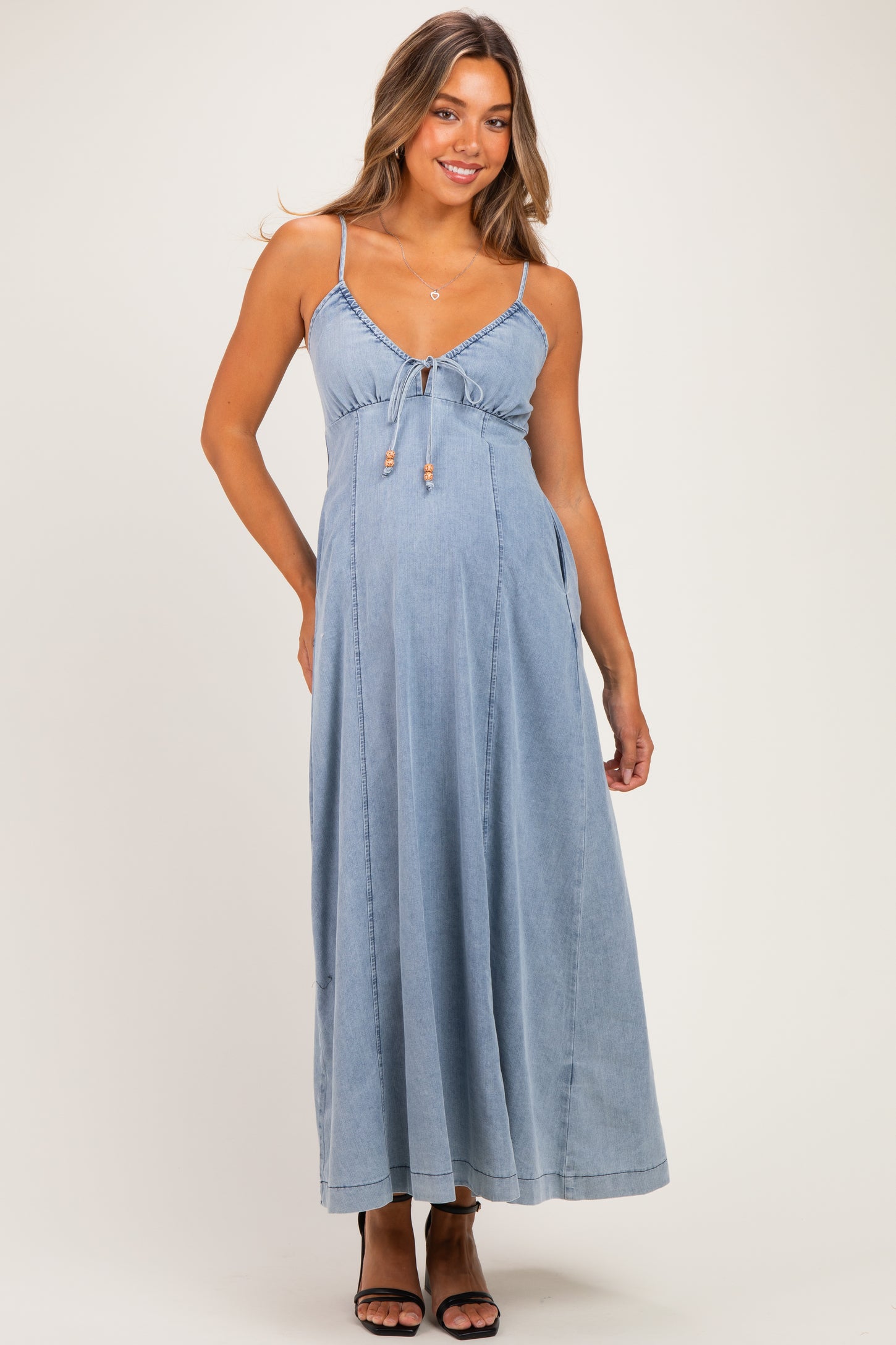 Light Blue Chambray Beaded Front Tie Maternity Maxi Dress