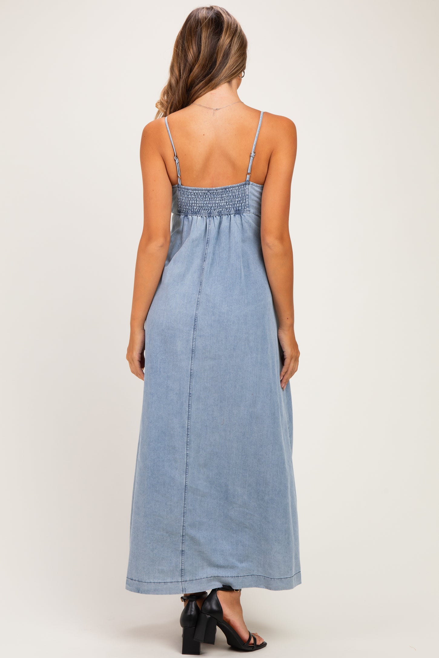Light Blue Chambray Beaded Front Tie Maternity Maxi Dress