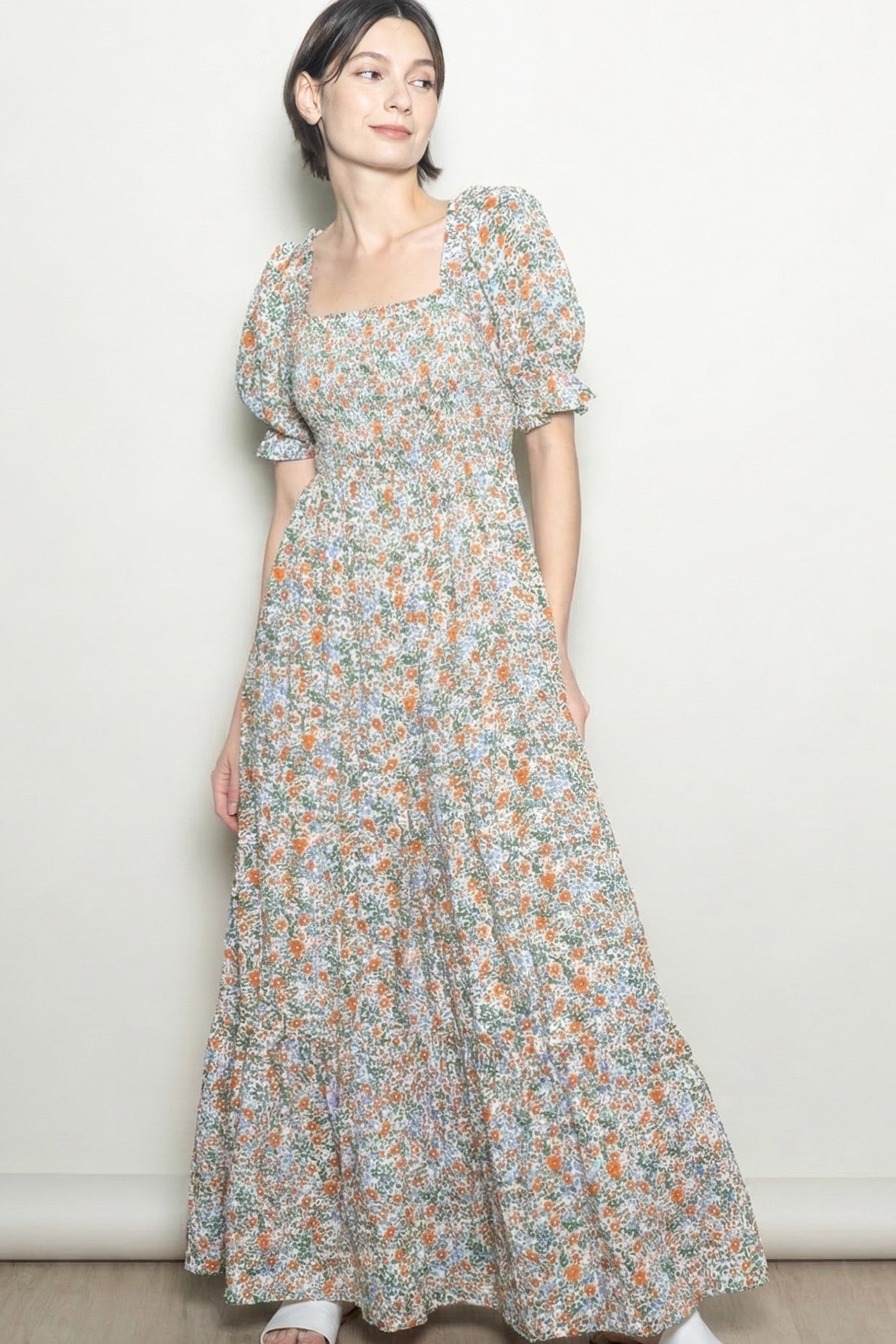 Cream Vintage Floral Smocked Puff Sleeve Maxi Dress