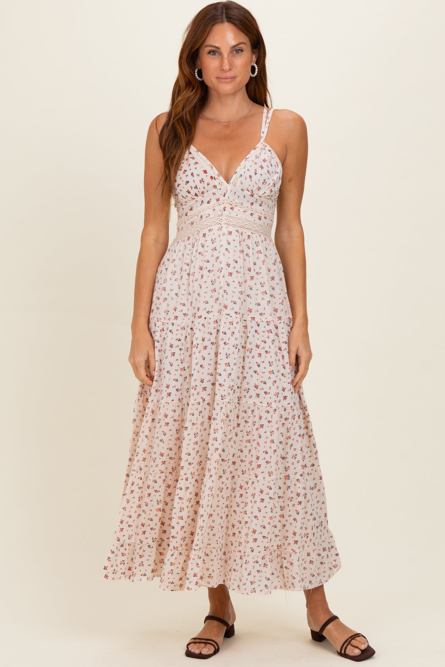 Ivory Printed Lace Inset Tiered Maxi Dress