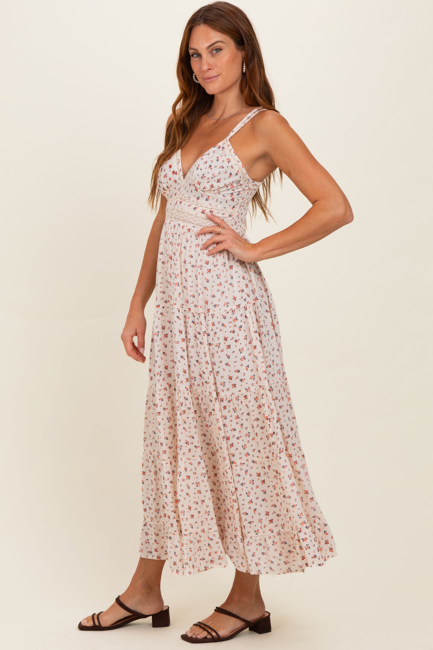 Ivory Printed Lace Inset Tiered Maxi Dress