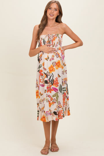 Ivory Smocked Bodice Strapless Printed Maternity Midi Dress