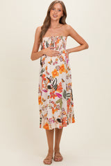 Ivory Smocked Bodice Strapless Printed Maternity Midi Dress