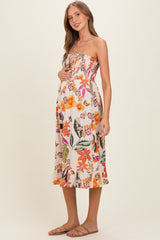 Ivory Smocked Bodice Strapless Printed Maternity Midi Dress