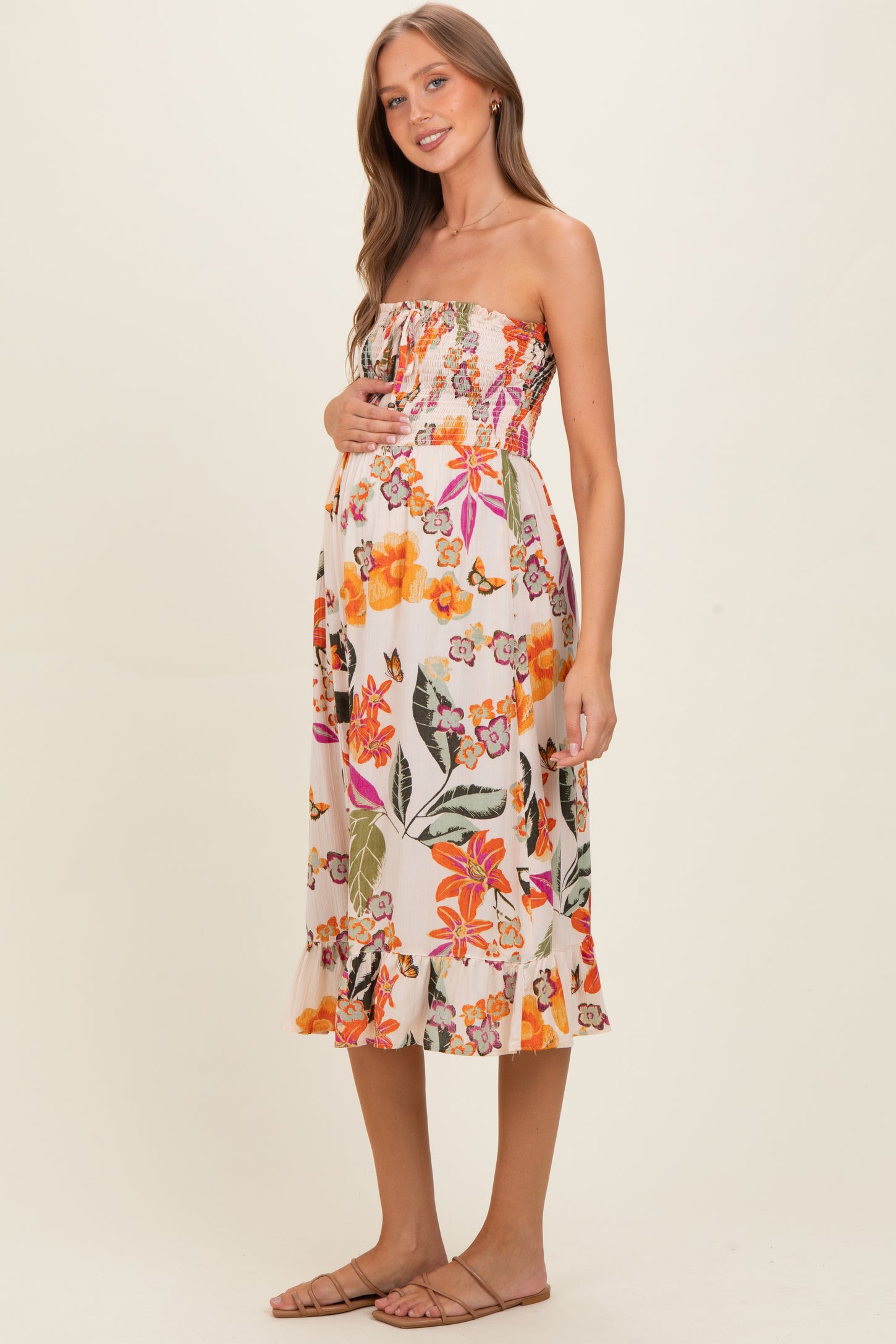 Ivory Smocked Bodice Strapless Printed Maternity Midi Dress