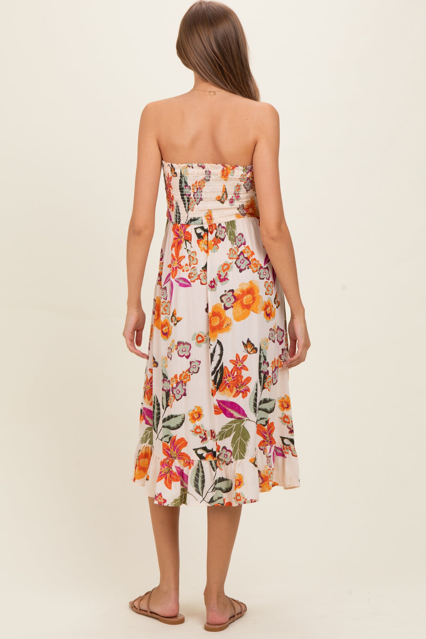 Ivory Smocked Bodice Strapless Printed Maternity Midi Dress