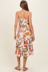 Ivory Smocked Bodice Strapless Printed Maternity Midi Dress