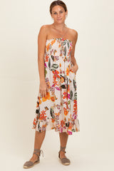 Ivory Smocked Bodice Strapless Printed Maternity Midi Dress