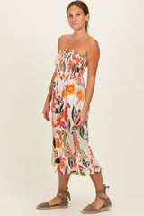 Ivory Smocked Bodice Strapless Printed Midi Dress