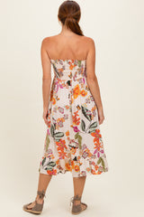 Ivory Smocked Bodice Strapless Printed Midi Dress