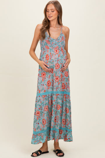 Mint Smocked Bust V Neck Lace Trim Maternity Maxi Dress