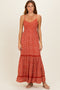 Rust Smocked Bust V Neck Lace Trim Maxi Dress