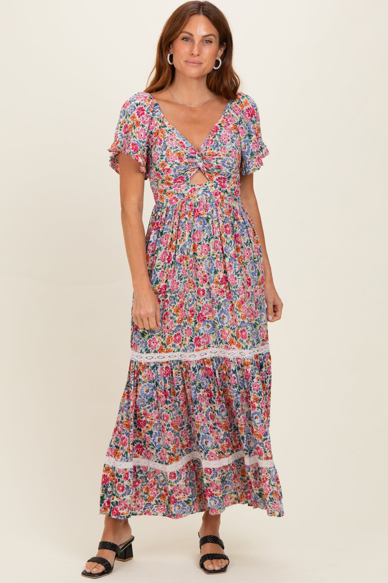 Ivory V Neck Twist Front Cut Out Floral Print Maternity Maxi Dress