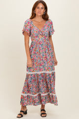 Ivory V Neck Twist Front Cut Out Floral Print Maternity Maxi Dress