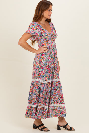 Ivory V Neck Twist Front Cut Out Floral Print Maxi Dress