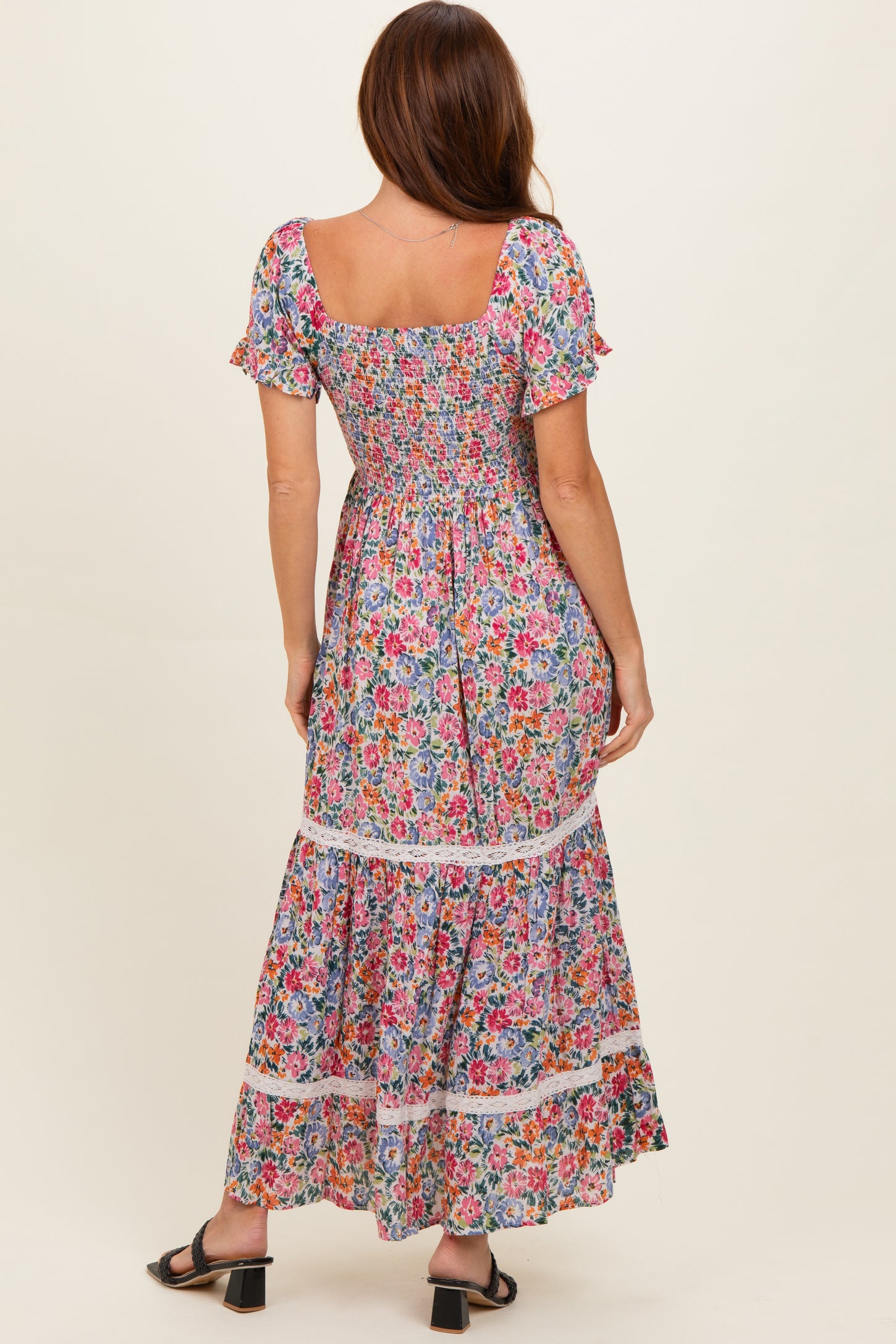 Ivory V Neck Twist Front Cut Out Floral Print Maxi Dress