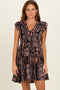 Black V Neck Smocked Bodice Flutter Sleeve Short Dress