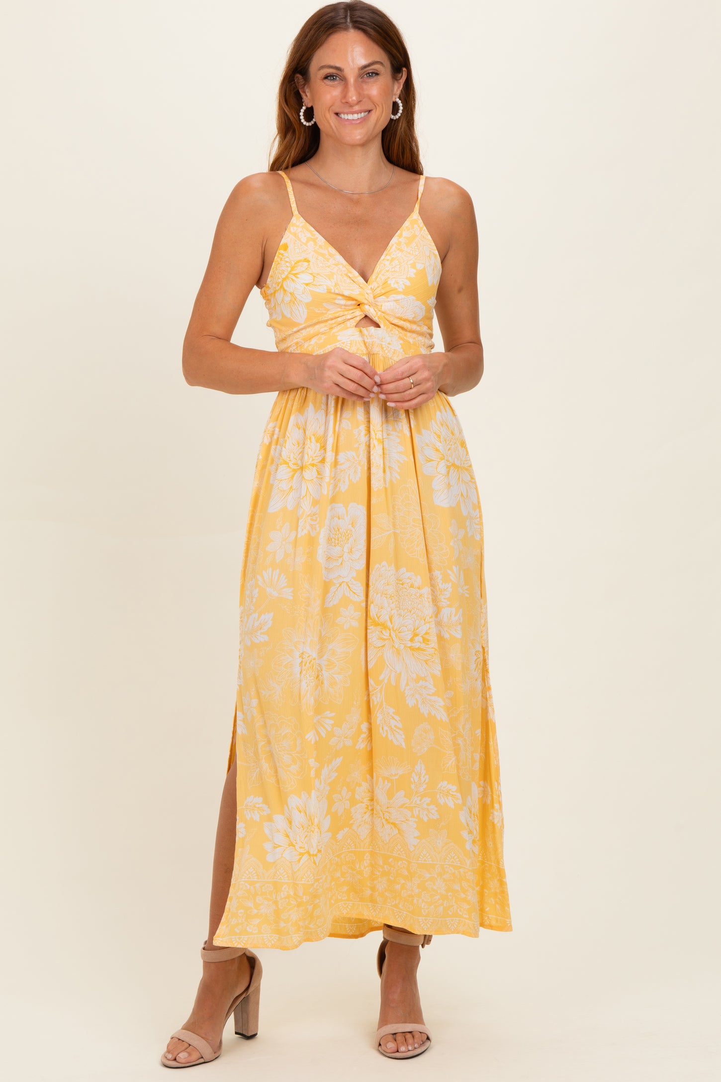 Yellow Floral Twisted Front Maternity Maxi Dress